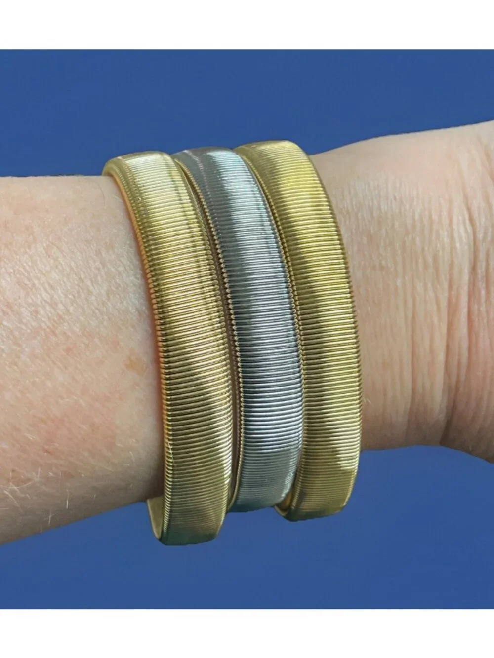 Vintage 2 Gold-Tone 1 Silver-tone Tubogas Stretch Bracelet Lot